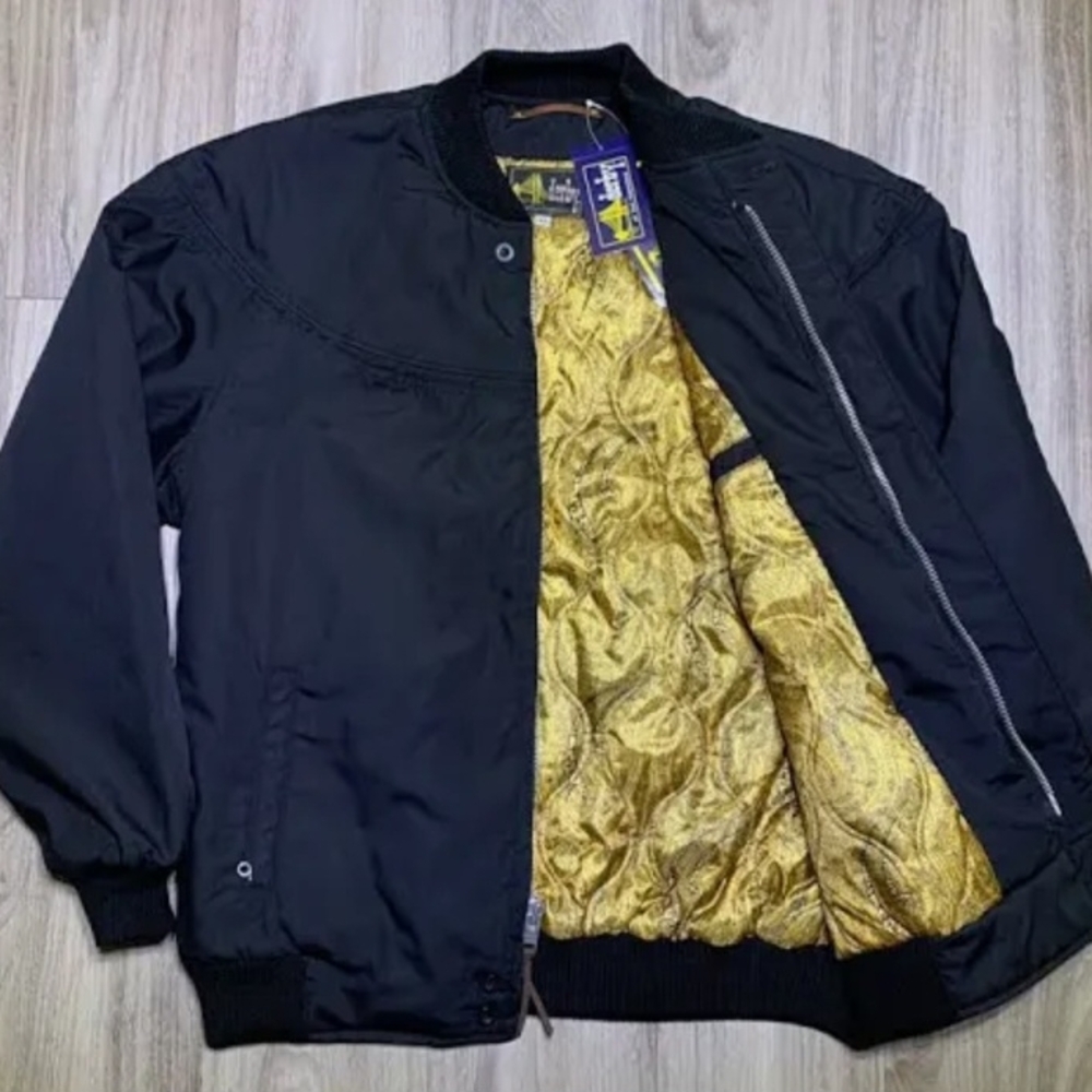 Black and Gold Bomber Jacket with Ribbed Collar